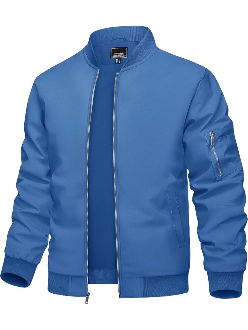 Men's Royal Blue Full Zipper Stand Collar Pockets Windbreaker Bomber Jacket